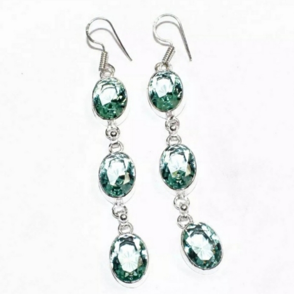 Green Amethyst Crystal Oval Dangle Drop Earrings - Picture 7 of 7